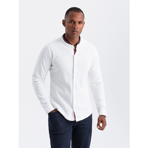 Ombre Men's SLIM FIT cotton shirt with stand-up collared colored stripes - white Cene