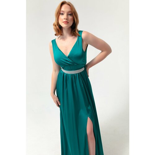 Lafaba Women's Green Double Breasted Neck Stoned Belted Long Evening Dress Cene