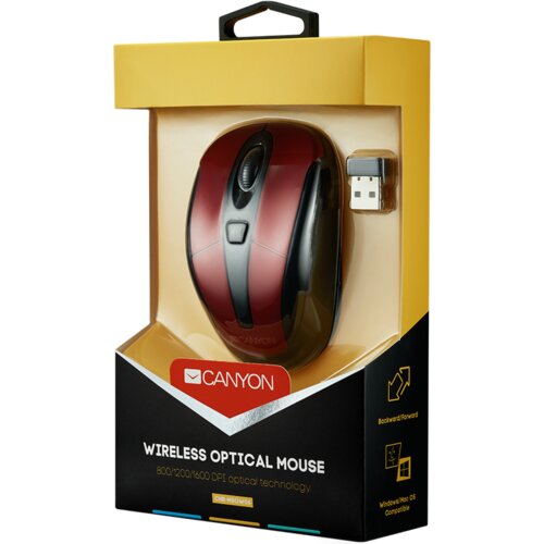 Canyon MSO-W6 2.4GHz wireless optical mouse with 6 buttons, DPI 800/1200/1600, Red, 92*55*35mm, 0.054kg Slike