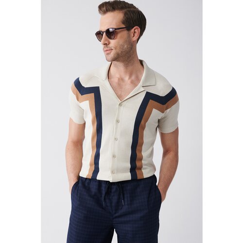 Avva Men's Beige Cuban Collar Color Block Buttoned Standard Fit Normal Cut Knitwear T-shirt Cene