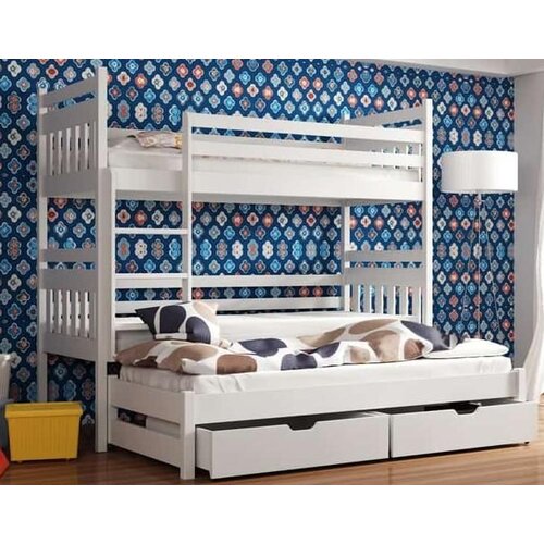 Molarem Home Drveni dječji krevet na kat Seweryn s tri kreveta i ladicom - bijeli - 200x90 cm - Madrac PE pjena 8 cm-spužvasti madrac Slike