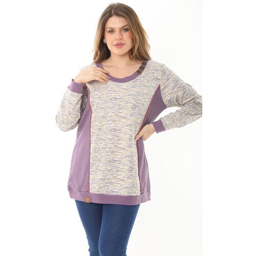Şans Women's Plus Size Purple Ornamental Button And Cup Detailed Sweatshirt Slike