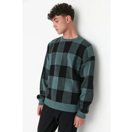 Trendyol Green Men's Oversize Fit Wide Fit Crew Neck Checked Patterned Knitwear Sweater