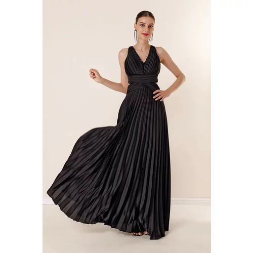 By Saygı Waist And Decollete Lined Pleated Long Satin Dress Black