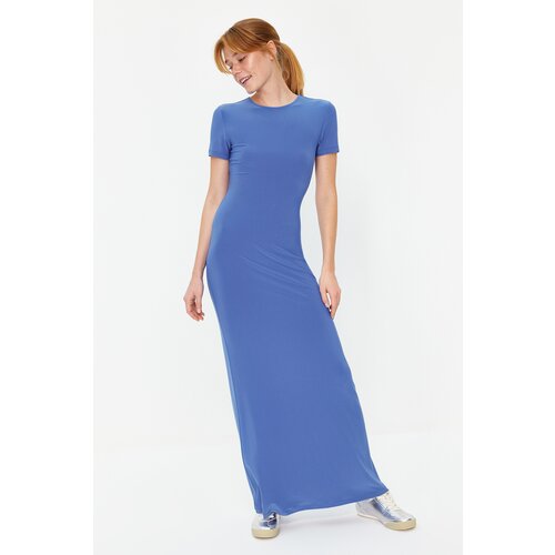 Trendyol Blue Short Sleeve Bodycone/Fitting Crew Neck Stretchy Knitted Maxi Dress Slike
