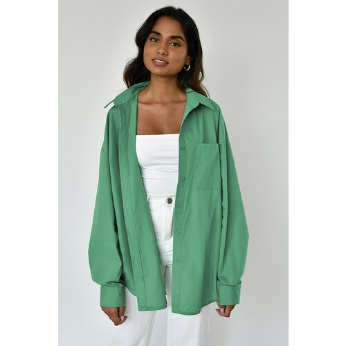Madmext Green Oversize Basic Poplin Shirt with Pockets Slike