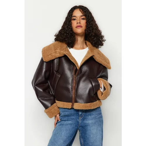 Trendyol Brown Plush Collar Detailed Faux Leather Coat