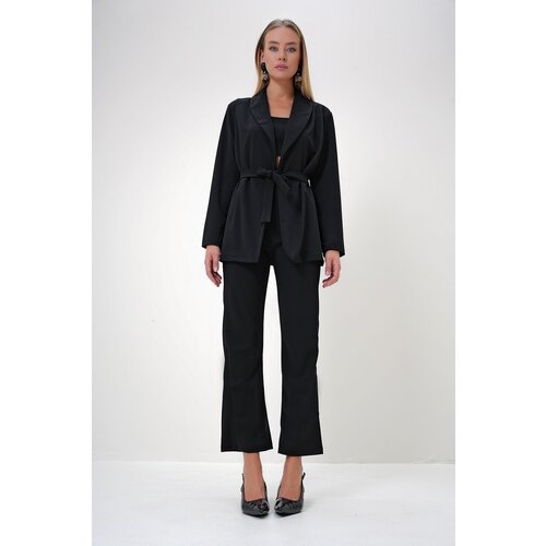 Trend Alaçatı Stili Women's Black Shawl Collar Self-Belted Jacket and Palazzo Trousers Set Slike