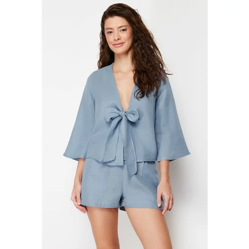 Trendyol Blue Premium Lacing Detailed Muslin Woven Pajamas Set
