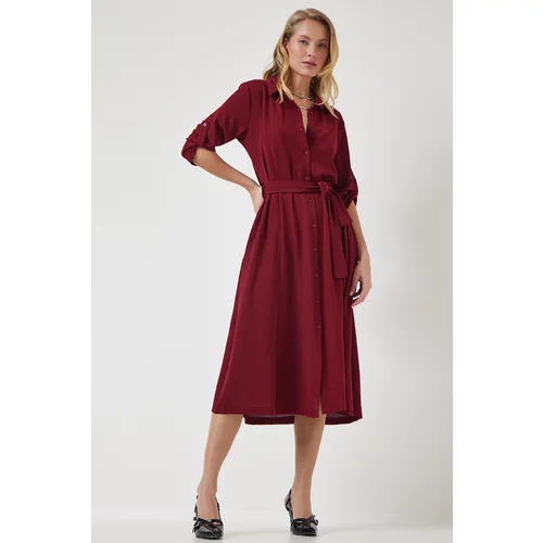 Happiness İstanbul Women's Burgundy Belted Shirt Dress
