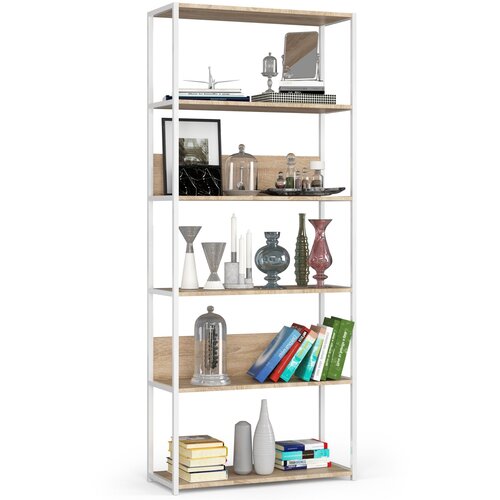 AKORD Regal V Loft Slogu, 6 Polic, Bela/Hrast Sonoma, (5000332554) Slike