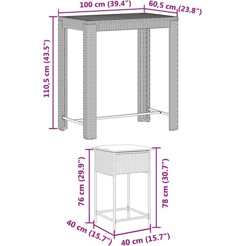  5-dijelni vrtni barski set od poliratana s jastucima sivi Siva 100 x 60.5 x 110.5 cm Slike