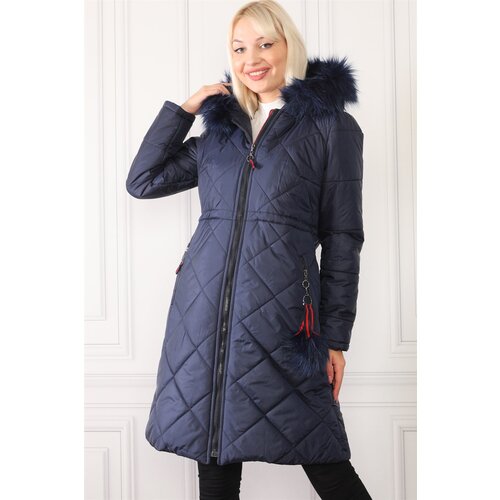 Dewberry Z6646 N FUR POMPOM LADIES' COAT-NAVY BLUE Cene