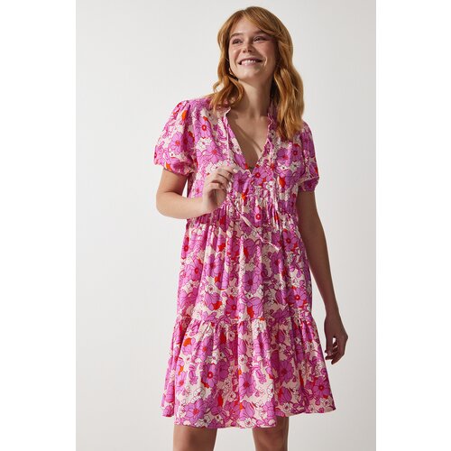 Happiness İstanbul women's pink floral summer viscose flared dress Slike