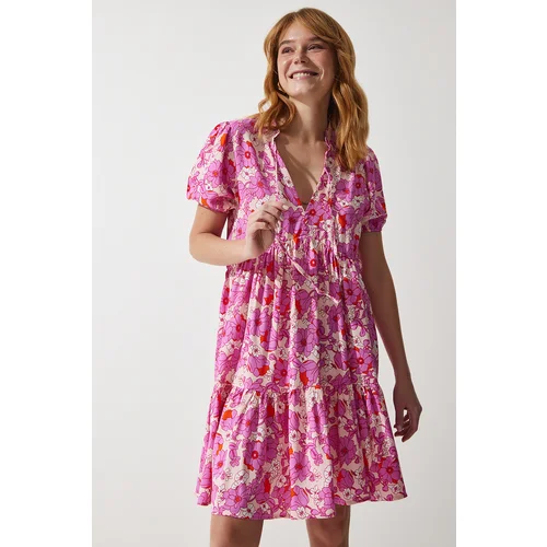  Women's Pink Floral Summer Viscose Flared Dress