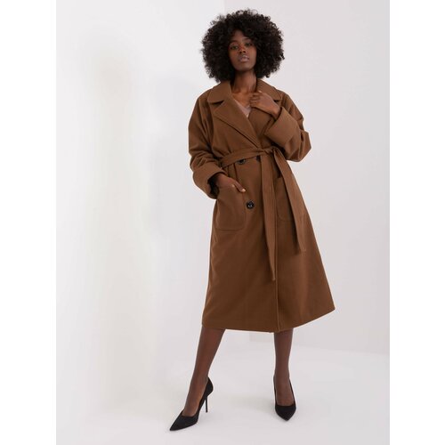 Fashion Hunters Brown long women's coat with belt Cene