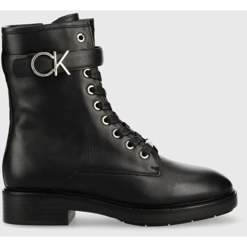 Calvin Klein Usnjeni gležnarji Rubber Sole Combat Boot ženski, črna barva