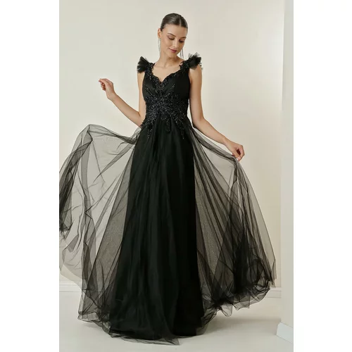 By Saygı Tie Back Beaded Embroidered Lined Tulle Long Dress