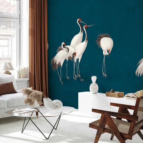  Foto tapeta - Evening by the pond - a group of cranes drawn in dry pastel on a dark turquoise background 200x140 Standard Cene