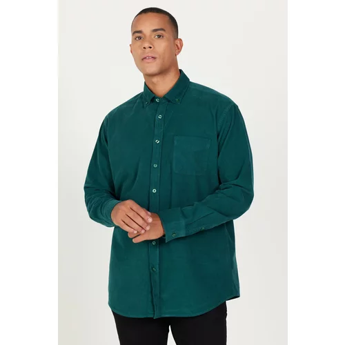 AC&Co / Altınyıldız Classics Men's Dark Green Comfort Fit Wide-Fit Buttoned Collar Velvet Shirt