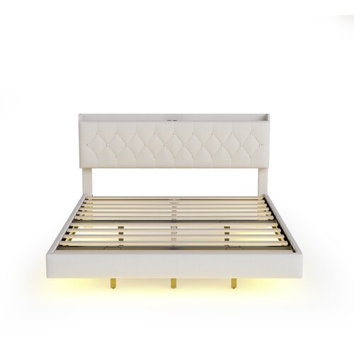 Lumor Kapitonirana postelja 140x200 cm iz lanu – z USB-polnjenjem in LED – z letvenim dnom – bež, (22151532) Cene