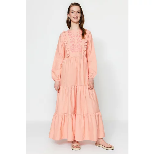 Trendyol Salmon Woven Dress with Ruffle Detailed and Embroidered