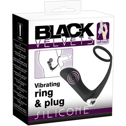 Black Velvets Black Velvet - silikonski analni vibrator na baterije s prstenom za penis (crni)