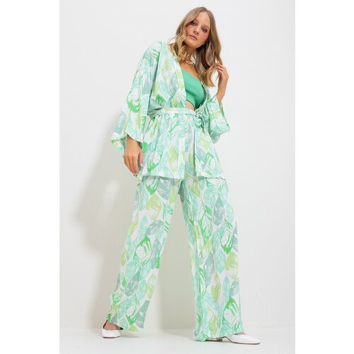 Trend Alaçatı Stili Women's Green Kimono Jacket And Palazzo Pants Suit Slike