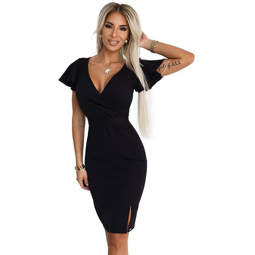 Numoco 479-9 NINA Elegant dress with crossover neckline, sleeve and belt - BLACK Slike