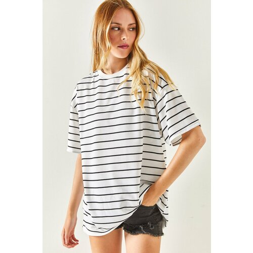 Olalook Women's White Striped 2 Thread Oversize Unisex T-Shirt Slike