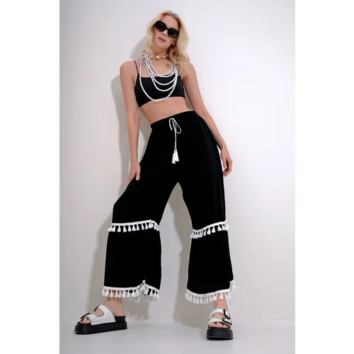 Trend Alaçatı Stili Women's Black Elastic Waist Tassel Detailed Wide Leg Woven Viscose Trousers