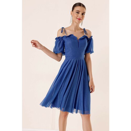 By Saygı Pleated Collar with Balloon Sleeves and Lined Glittery Tulle Dress Saks Slike