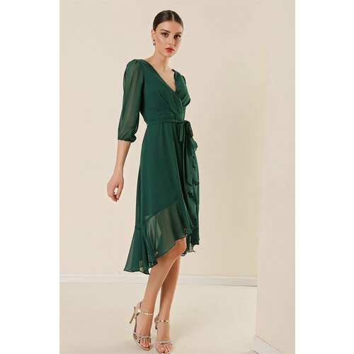 By Saygı Double-breasted Chiffon Dress with a Plunging Neck Belted Waist Belt Lined Balloon Sleeves Wide Body Applique. Slike