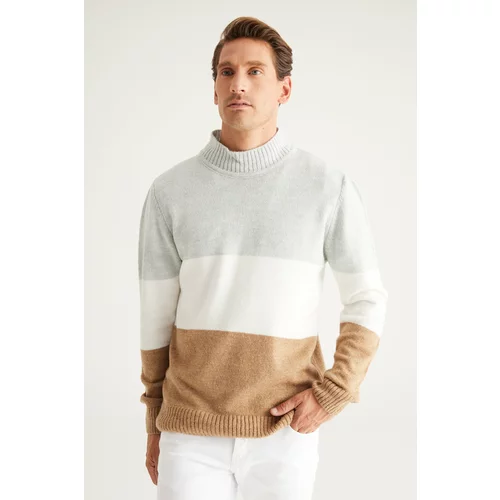 Altinyildiz classics Men's Grey-camel Standard Fit Regular Cut Half Turtleneck Striped Knitwear Sweater.