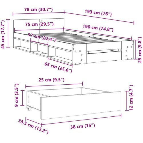 VidaXL Okvir kreveta s ladicom crni 75 x 190 cm konstruirano drvo Slike