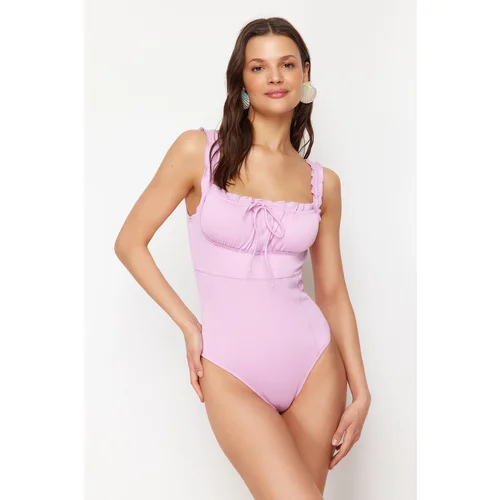 Trendyol Pink Square Collar Ruffled High Leg Regular Swimsuit