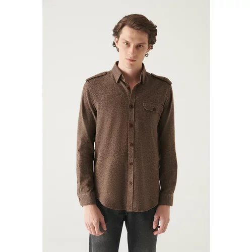 Avva Men's Brown Epaulette Detailed 100% Cotton Standard Fit Regular Cut Shirt