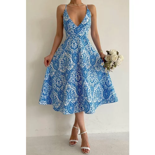 Madmext Blue Patterned Decollete Midi Length Dress