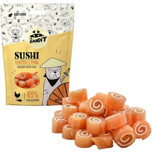 Mr. Bandit suva poslastica za odrasle pse sushi, piletina i riba, 80g Slike