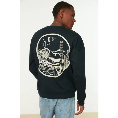 Trendyol Navy Blue Oversize/Wide Cut Tropical Back Printed Cotton Sweatshirt with Fleece Inside