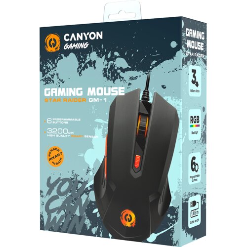 Canyon Star Raider GM-1 Optical Gaming Mouse with 6 programmable buttons, Pixart optical sensor, 4 levels of DPI and up to 3200, 3 million times key life, 1.65m PVC USB cable,rubber coating surface and colorful RGB lights, size:125*75*38mm, 115g Cijene