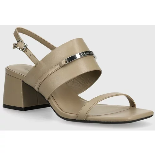 Calvin Klein Usnjeni sandali HEEL SANDAL 45 MET BAR LTH bež barva, HW0HW02056