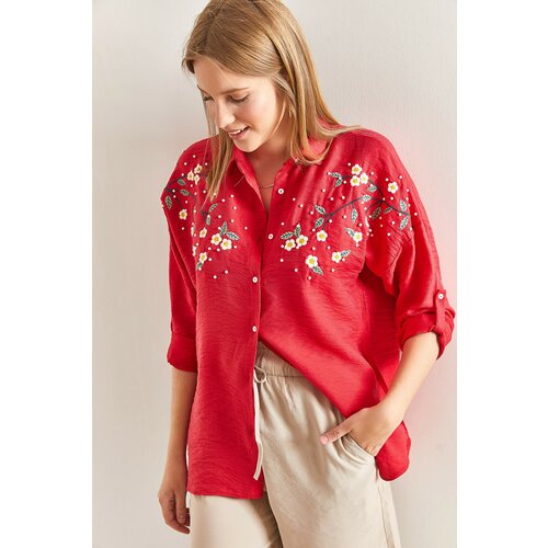 Bianco Lucci Women's Daisy Embroidered Sleeve Fold Ayrobin Linen Shirt Slike