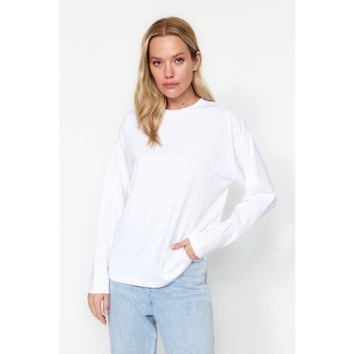 Trendyol White 100% Cotton Basic Crew Neck Long Sleeve Regular Fit Knitted T-Shirt Slike