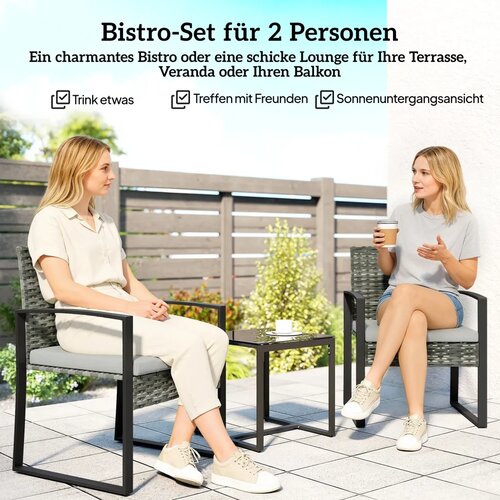 Bistro set od ratana 3 dijela 2 stolice stolić za kavu i jastuci svijetlosivi Slike