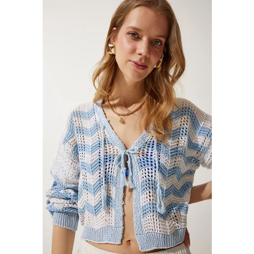  Women's Cream Sky Blue Striped Openwork Seasonal Knitwear Cardigan