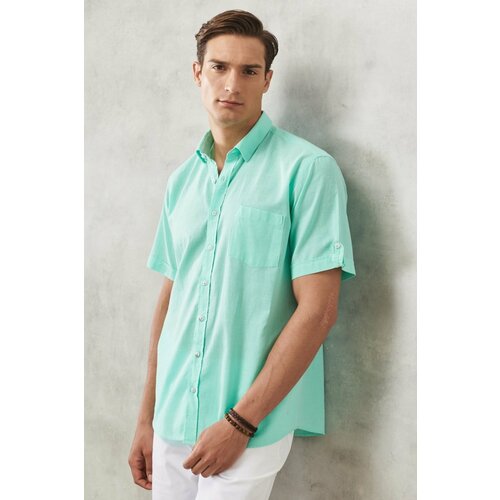AC&Co / Altınyıldız Classics Men's Mint Comfort Fit Button-down Collar Linen Look 100% Cotton Flamed Short Sleeve Shirt. Cene