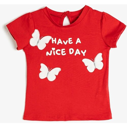 Koton Baby Girl Slogan Detailed Crew Neck Short Sleeve Butterfly Embroidered T-Shirt 3smg10051ak Cene
