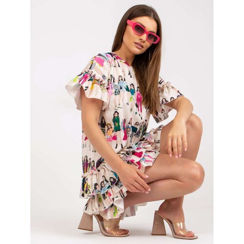 Fashion Hunters RUE PARIS beige mini dress with prints and frills Slike