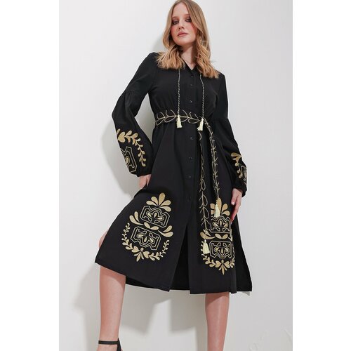 Trend Alaçatı Stili Women's Black Large Collar Belted Double Slit Linen Dress Cene